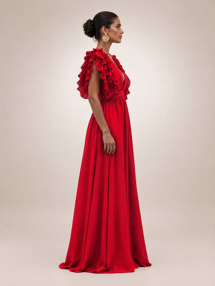 Gerlinde | Rückenfreies Maxikleid mit Volantärmeln