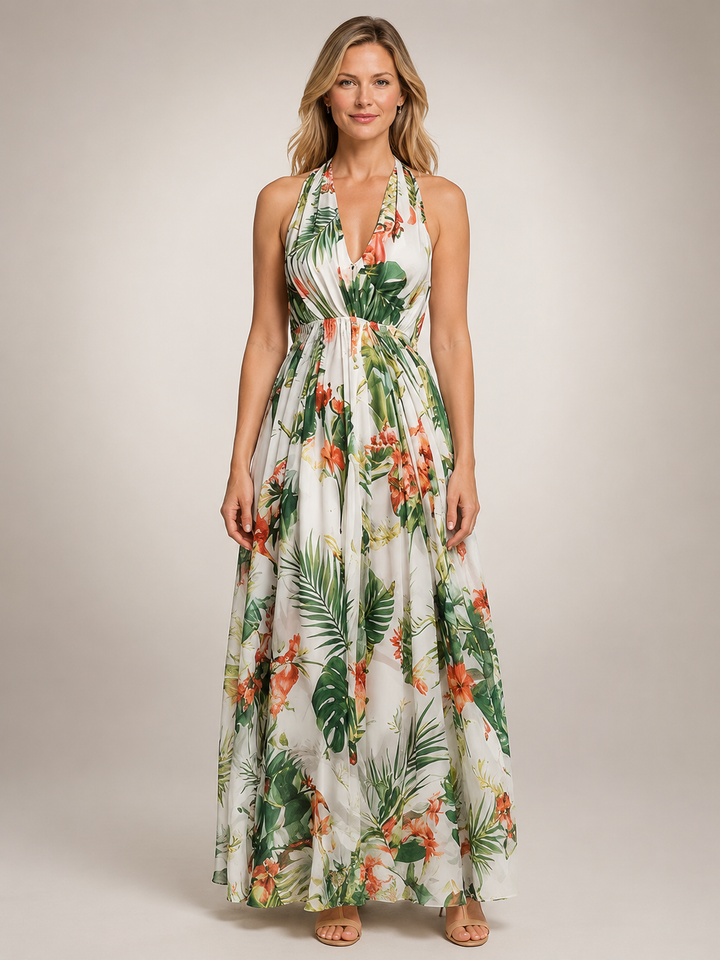 Rosamunde | Boho-Blumendruck Neckholder-Maxikleid