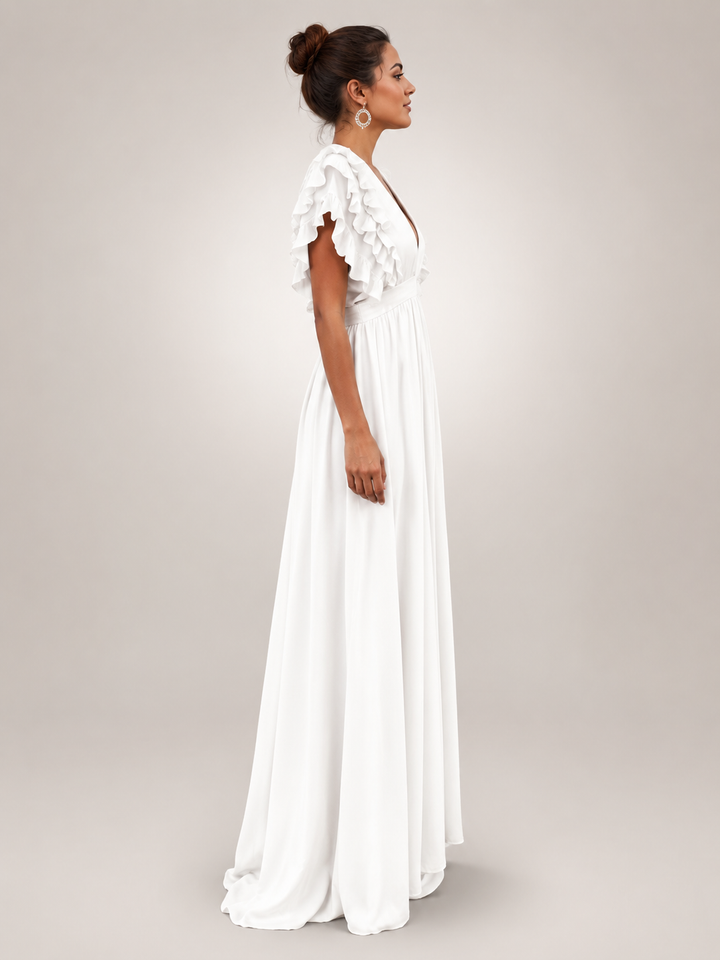 Gerlinde | Rückenfreies Maxikleid mit Volantärmeln