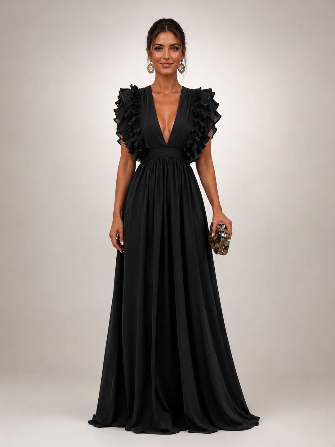 Gerlinde | Rückenfreies Maxikleid mit Volantärmeln