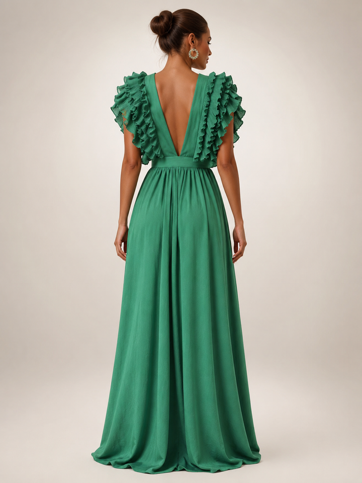 Gerlinde | Rückenfreies Maxikleid mit Volantärmeln