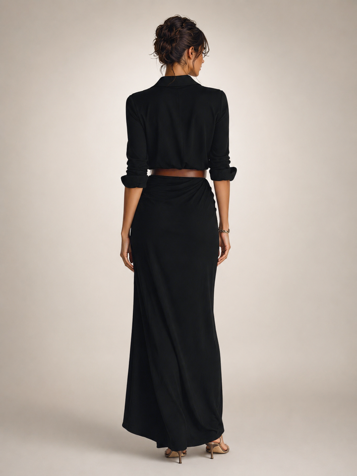 Auguste | Elegantes Maxikleid mit Reverskragen und Gürtel