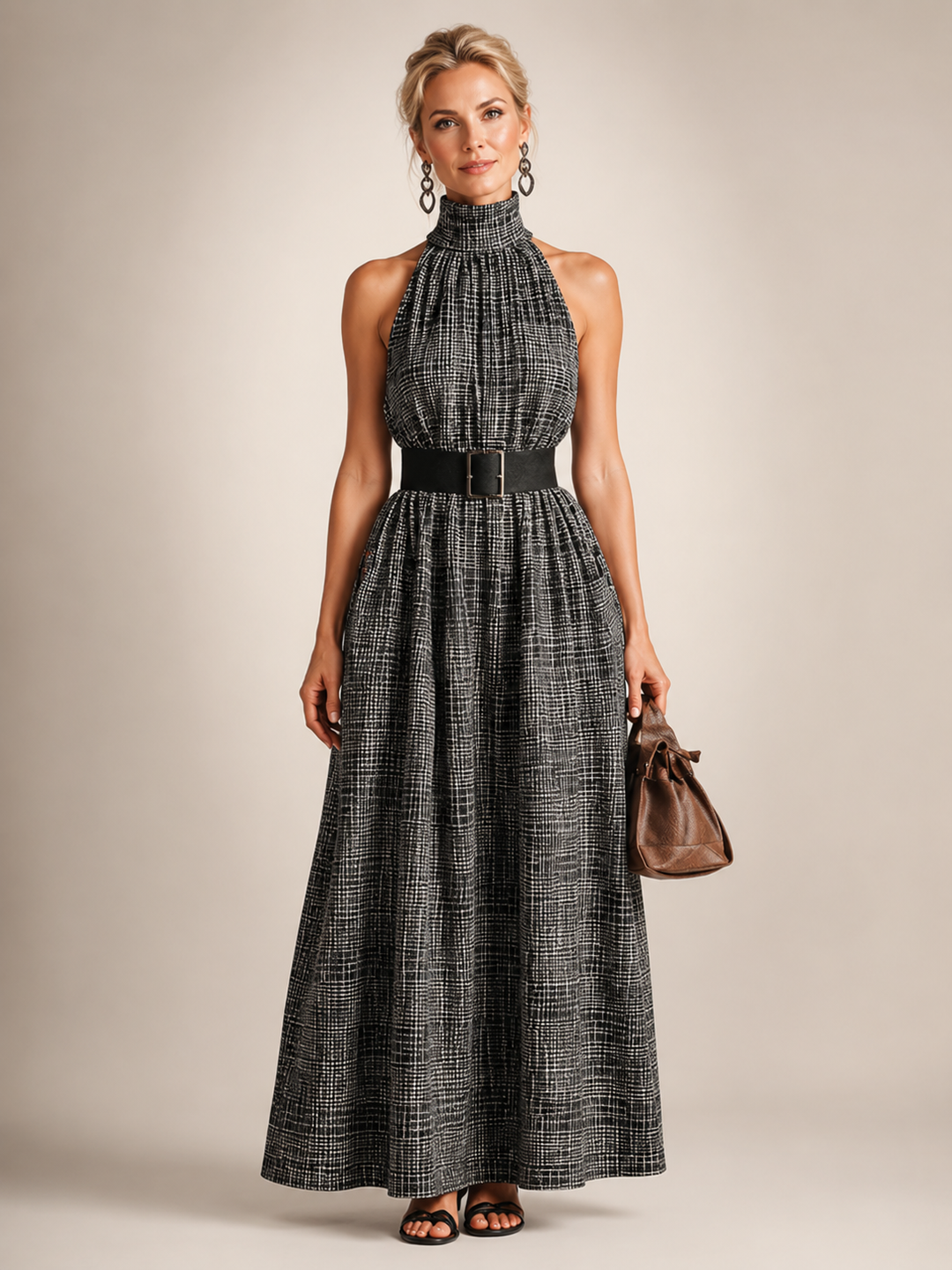 Hedwig | Karo-Maxikleid mit Stehkragen und Gürtel