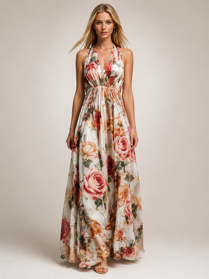 Rosamunde | Boho-Blumendruck Neckholder-Maxikleid