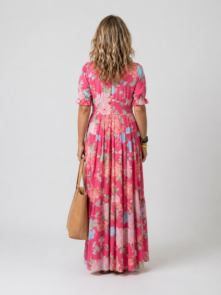 Clara | Kurzärmeliges Midi-Kleid mit V-Ausschnitt und Blumenmuster