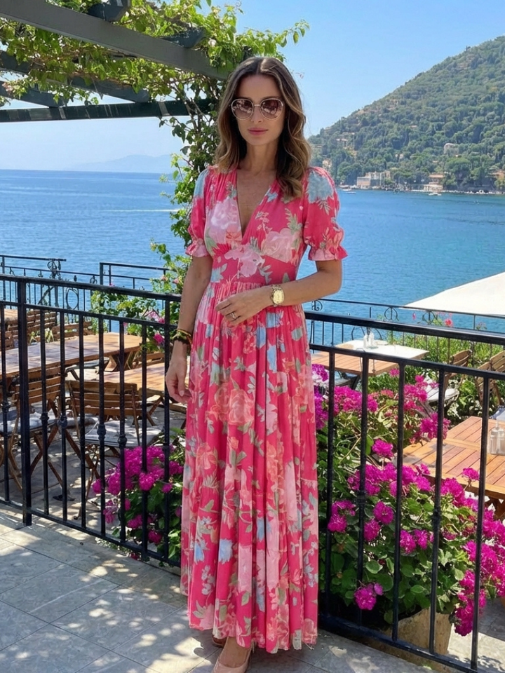 Clara | Kurzärmeliges Midi-Kleid mit V-Ausschnitt und Blumenmuster