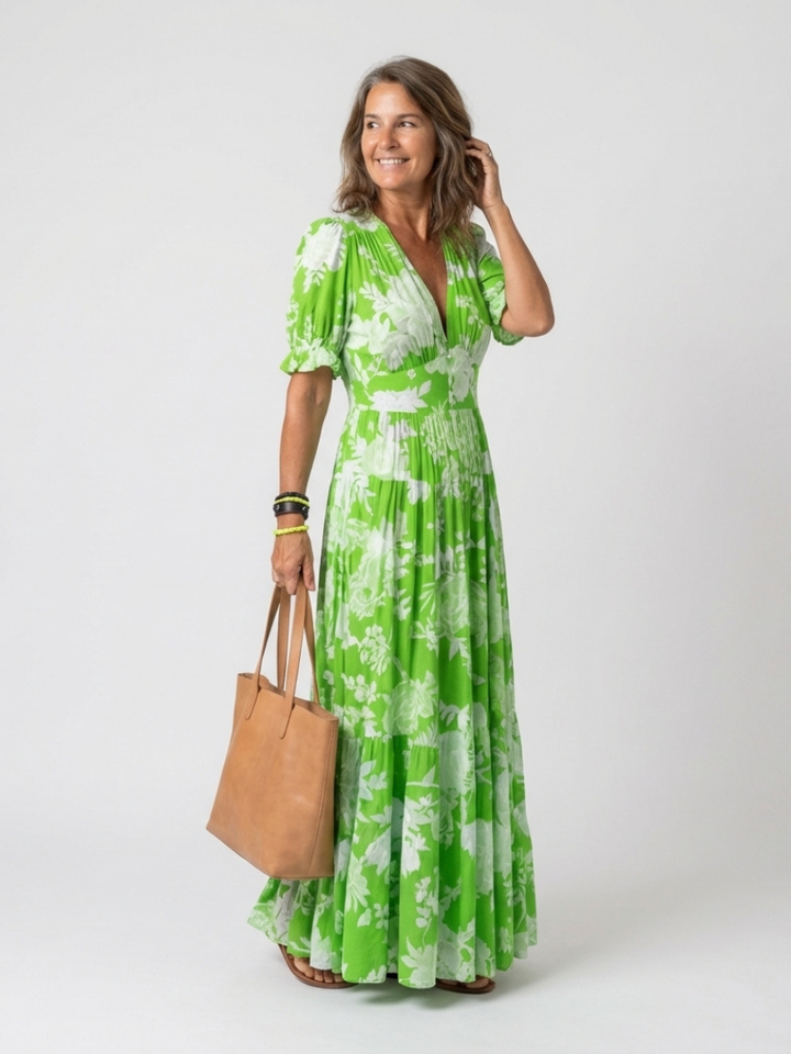 Clara | Kurzärmeliges Midi-Kleid mit V-Ausschnitt und Blumenmuster