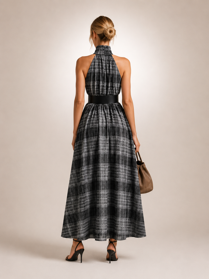 Hedwig | Karo-Maxikleid mit Stehkragen und Gürtel