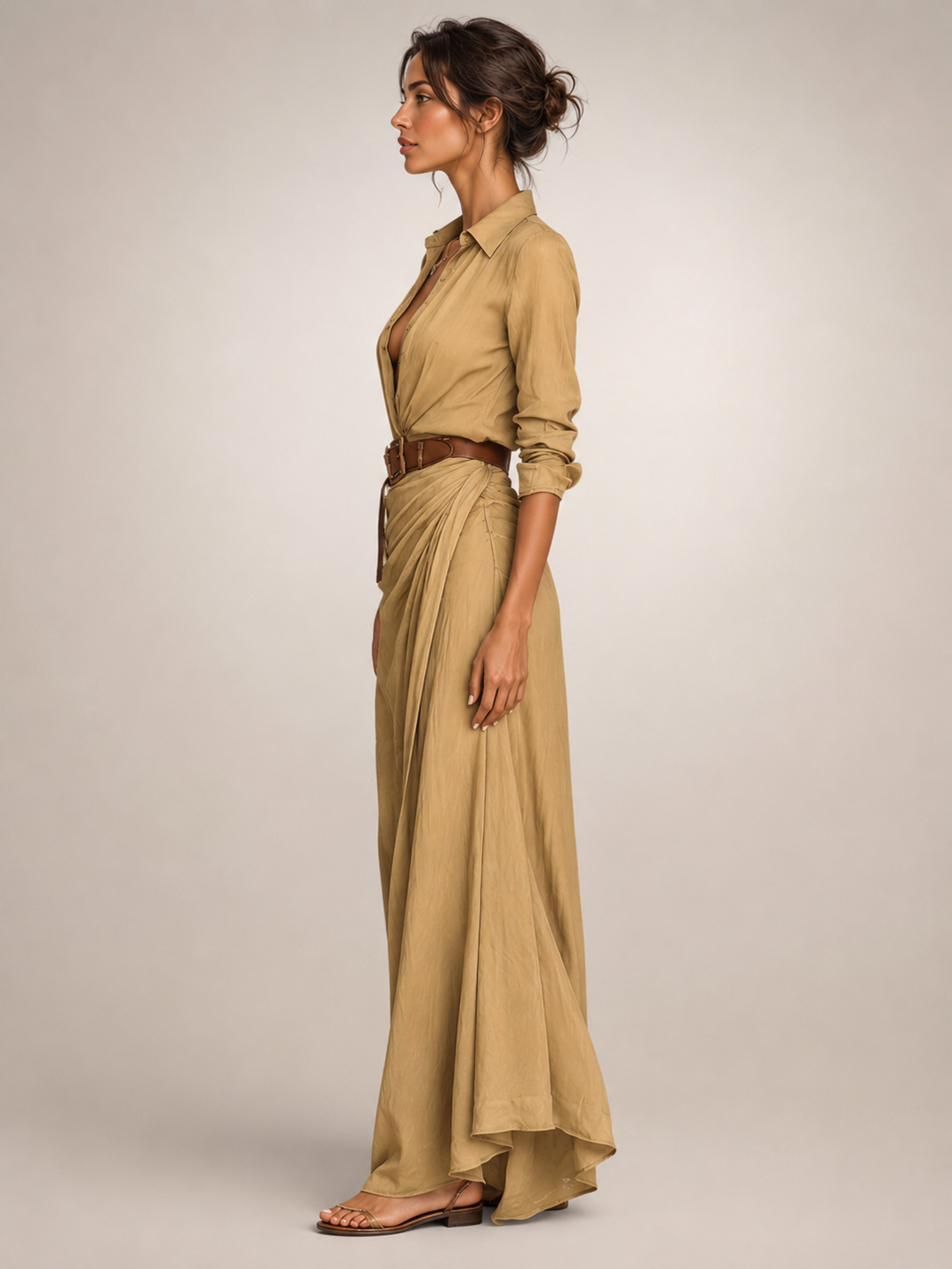 Auguste | Elegantes Maxikleid mit Reverskragen und Gürtel