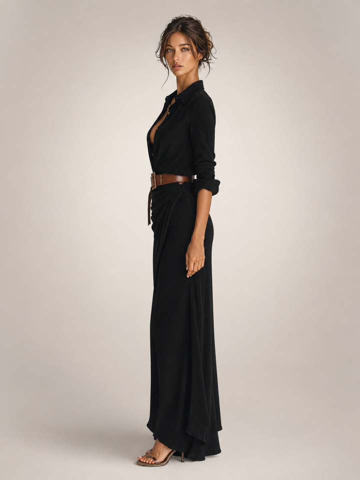 Auguste | Elegantes Maxikleid mit Reverskragen und Gürtel