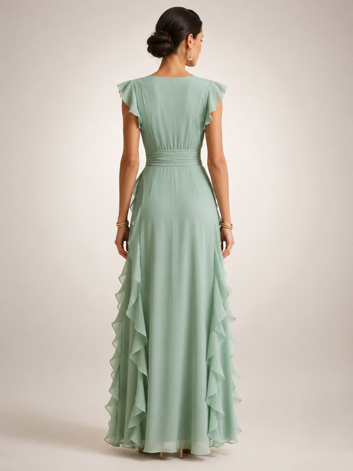 Gerhild | Plissee-Abendkleid mit V-Ausschnitt und kurzen Ärmeln
