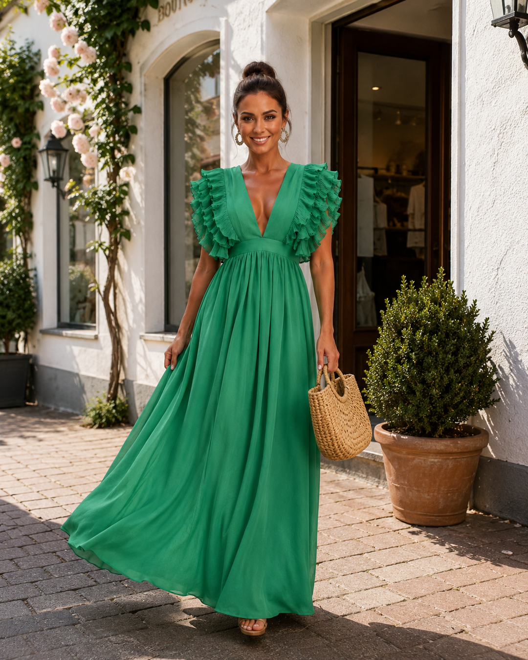 Gerlinde | Rückenfreies Maxikleid mit Volantärmeln