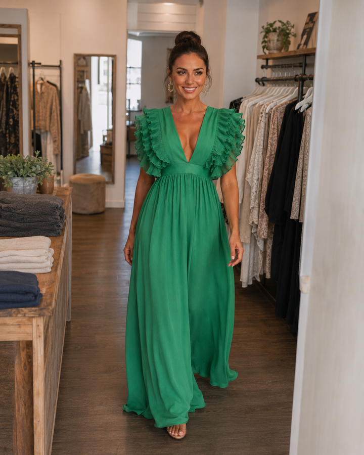 Gerlinde | Rückenfreies Maxikleid mit Volantärmeln