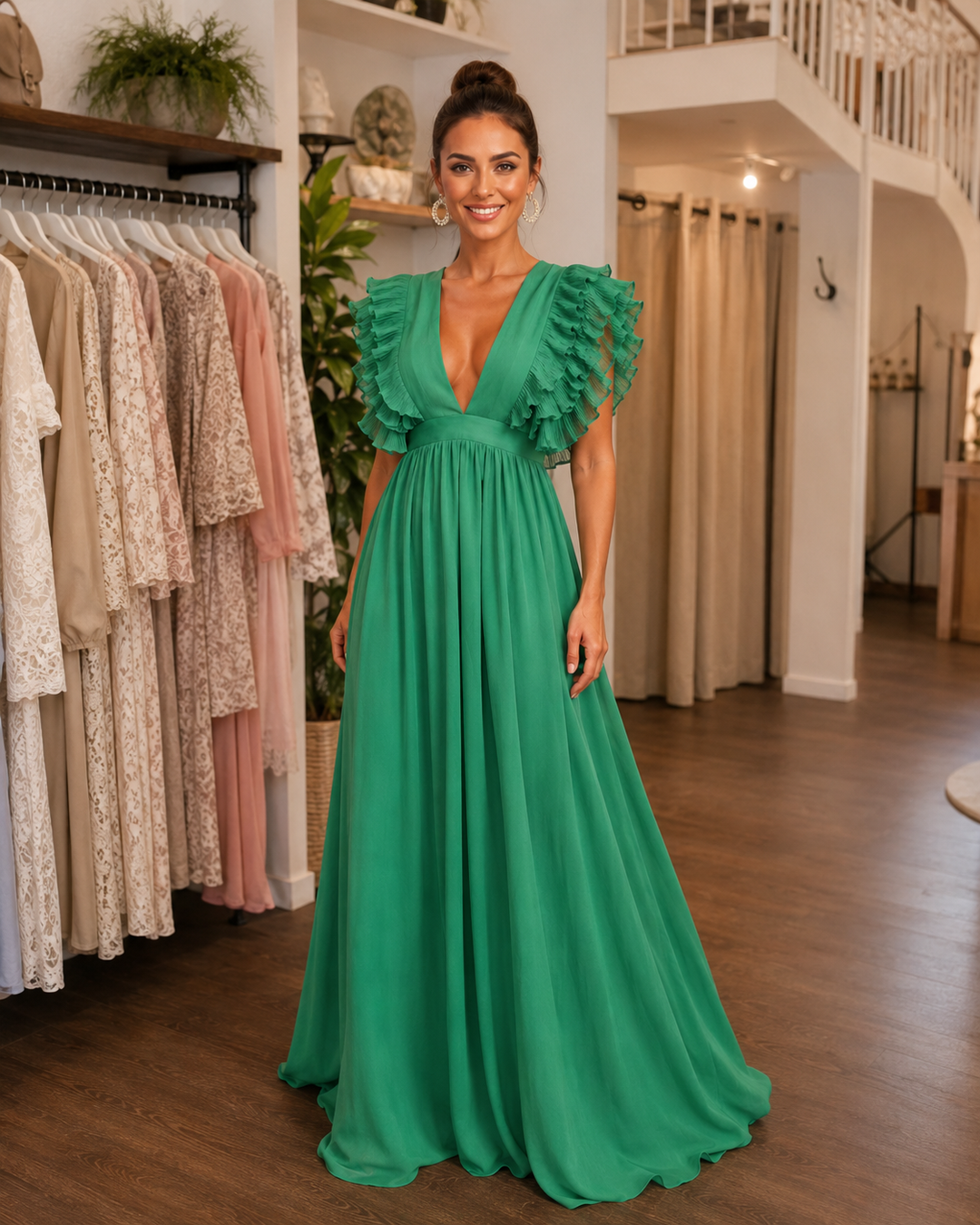 Gerlinde | Rückenfreies Maxikleid mit Volantärmeln