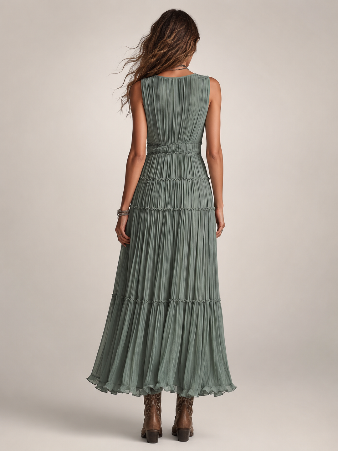 Gundula | Gestuftes Boho-Maxikleid mit V-Ausschnitt