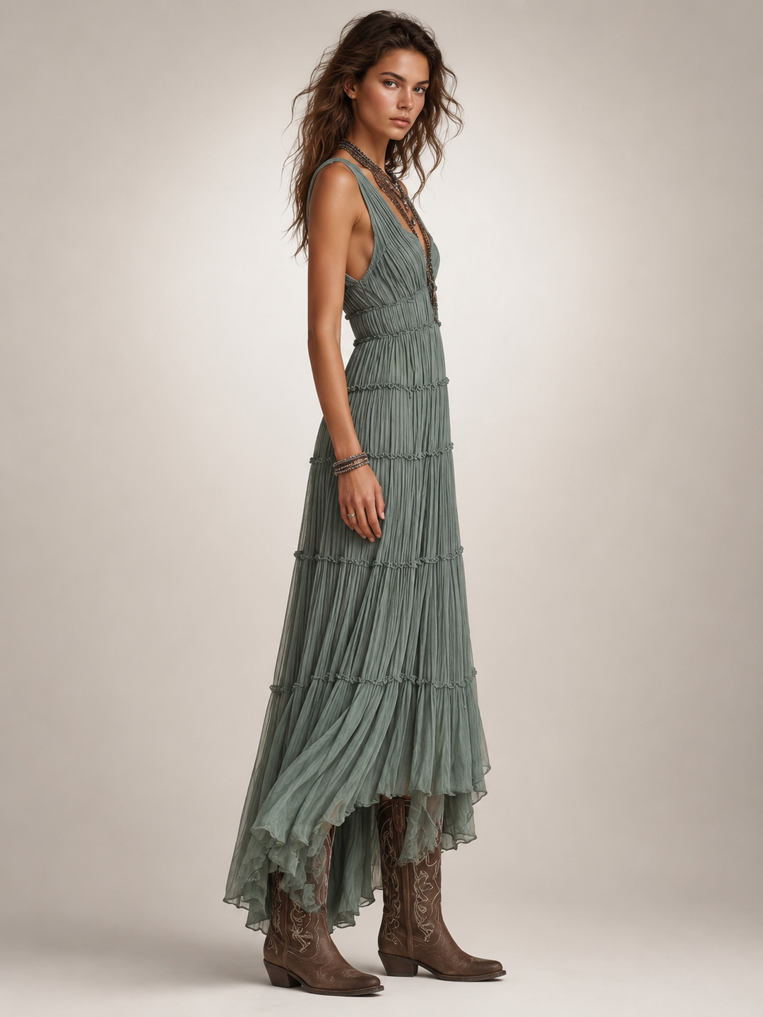 Gundula | Gestuftes Boho-Maxikleid mit V-Ausschnitt