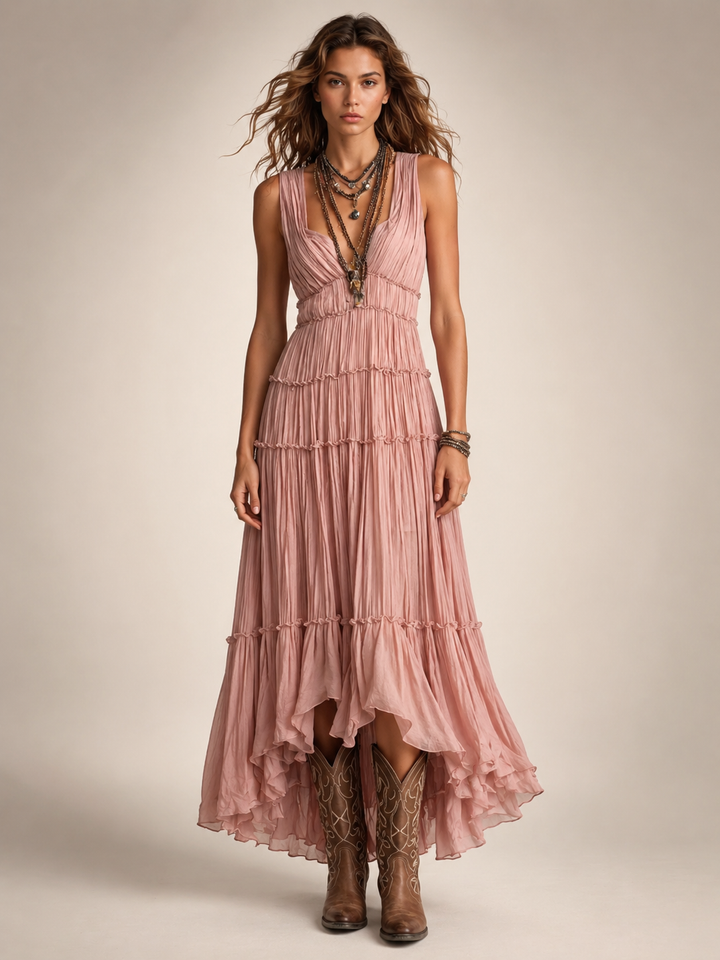 Gundula | Gestuftes Boho-Maxikleid mit V-Ausschnitt