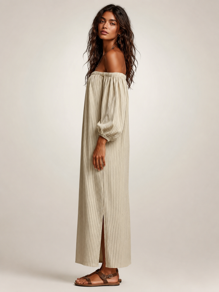 Sieglinde | Off-Shoulder-Maxikleid aus Leinenmix mit langen Ärmeln