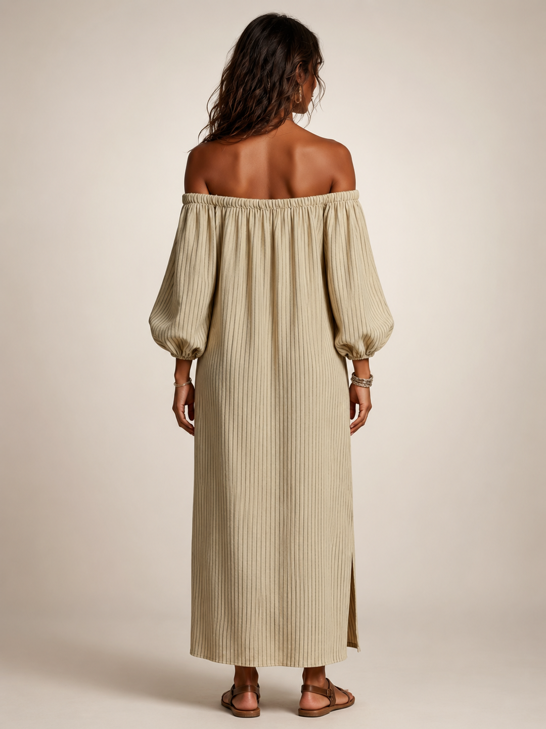 Sieglinde | Off-Shoulder-Maxikleid aus Leinenmix mit langen Ärmeln