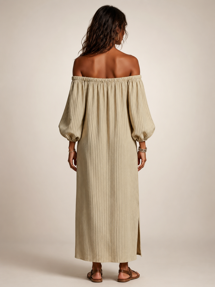 Sieglinde | Off-Shoulder-Maxikleid aus Leinenmix mit langen Ärmeln