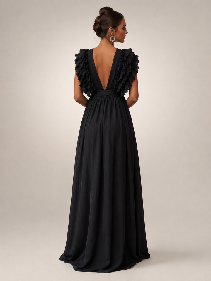 Gerlinde | Rückenfreies Maxikleid mit Volantärmeln