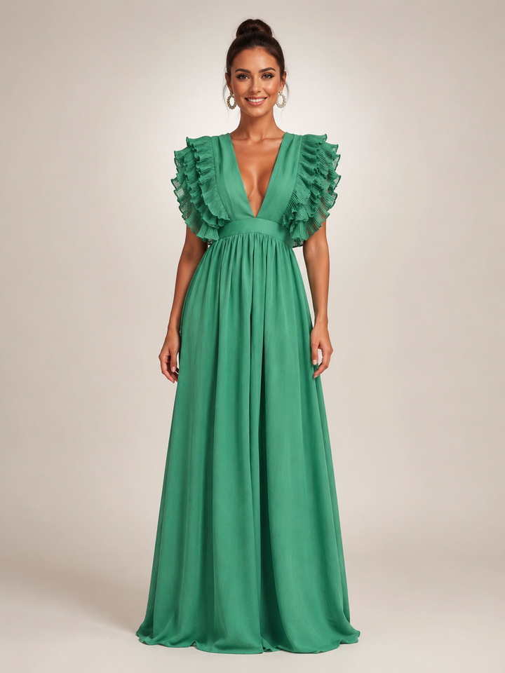 Gerlinde | Rückenfreies Maxikleid mit Volantärmeln
