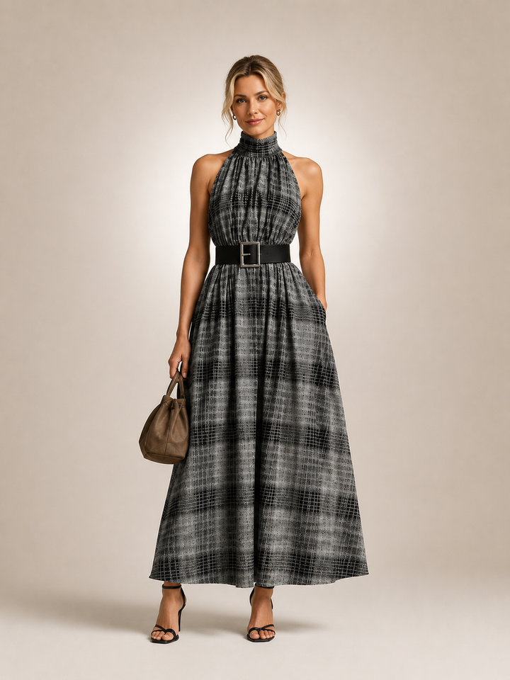 Hedwig | Karo-Maxikleid mit Stehkragen und Gürtel