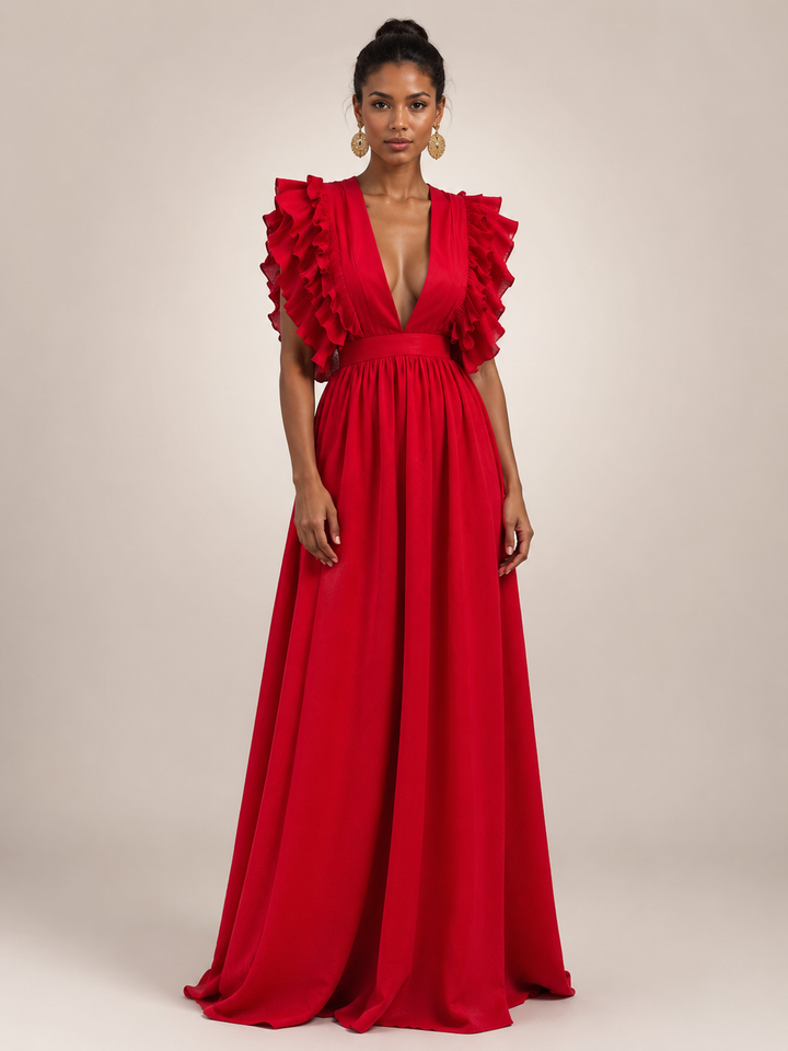 Gerlinde | Rückenfreies Maxikleid mit Volantärmeln