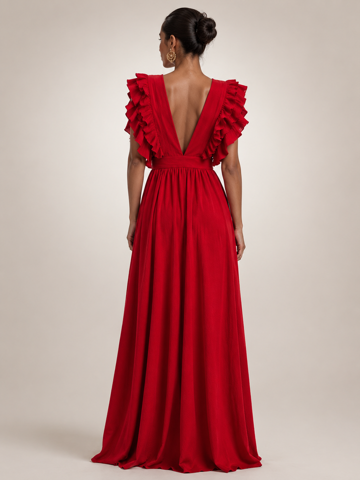 Gerlinde | Rückenfreies Maxikleid mit Volantärmeln