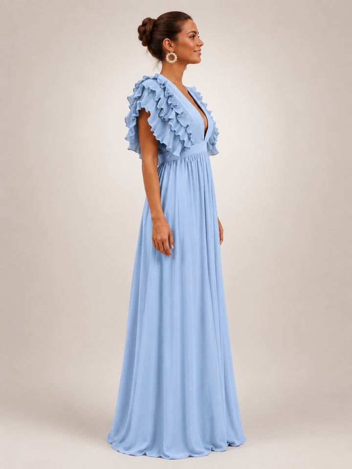 Gerlinde | Rückenfreies Maxikleid mit Volantärmeln