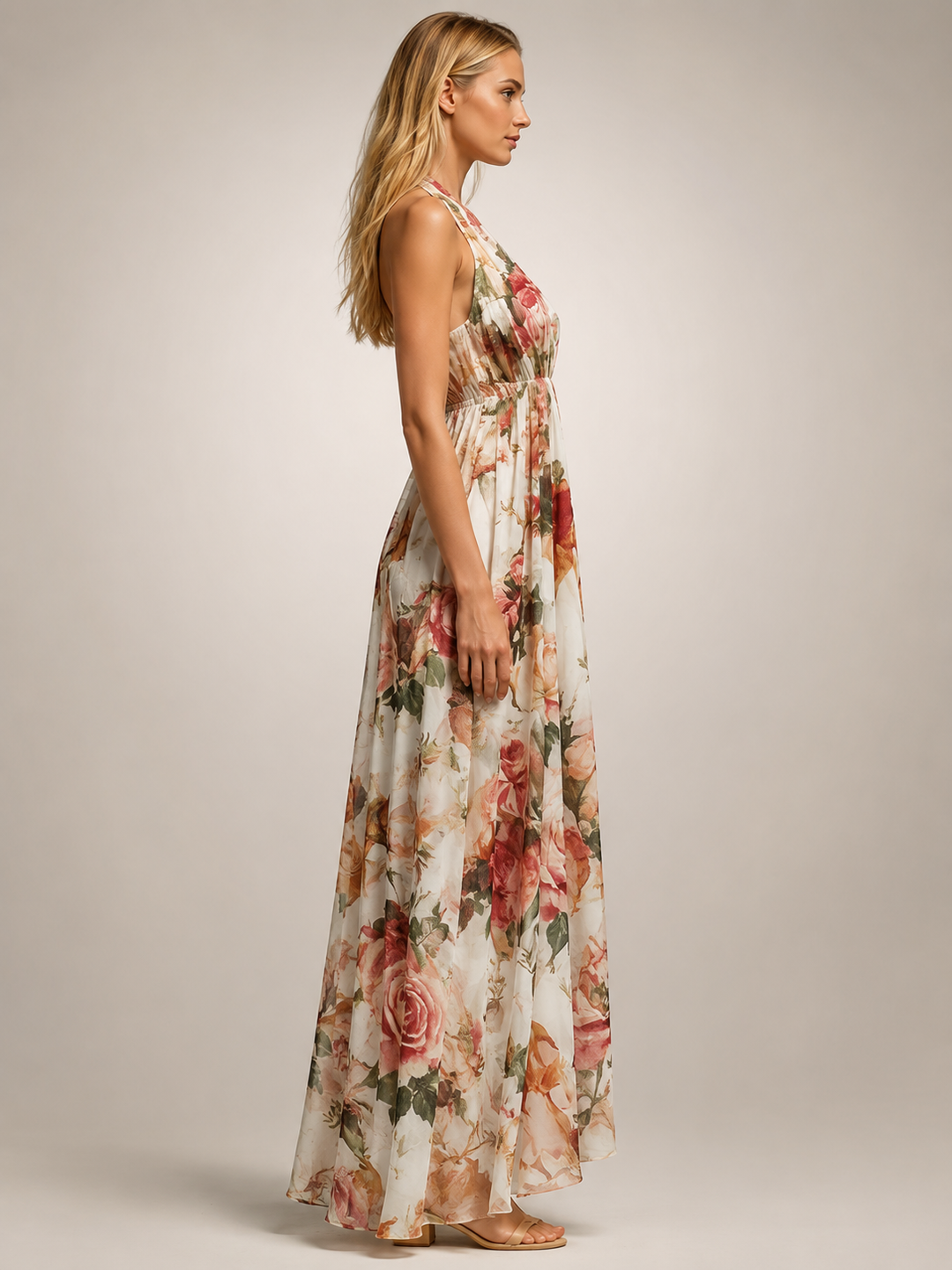 Rosamunde | Boho-Blumendruck Neckholder-Maxikleid