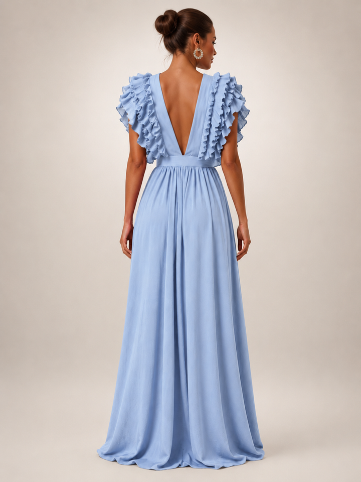 Gerlinde | Rückenfreies Maxikleid mit Volantärmeln