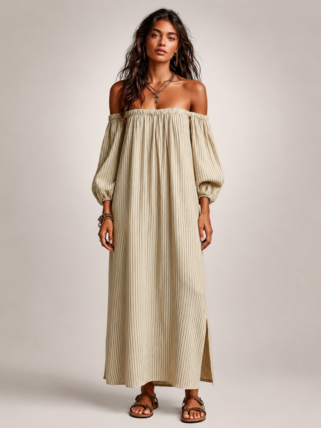 Sieglinde | Off-Shoulder-Maxikleid aus Leinenmix mit langen Ärmeln
