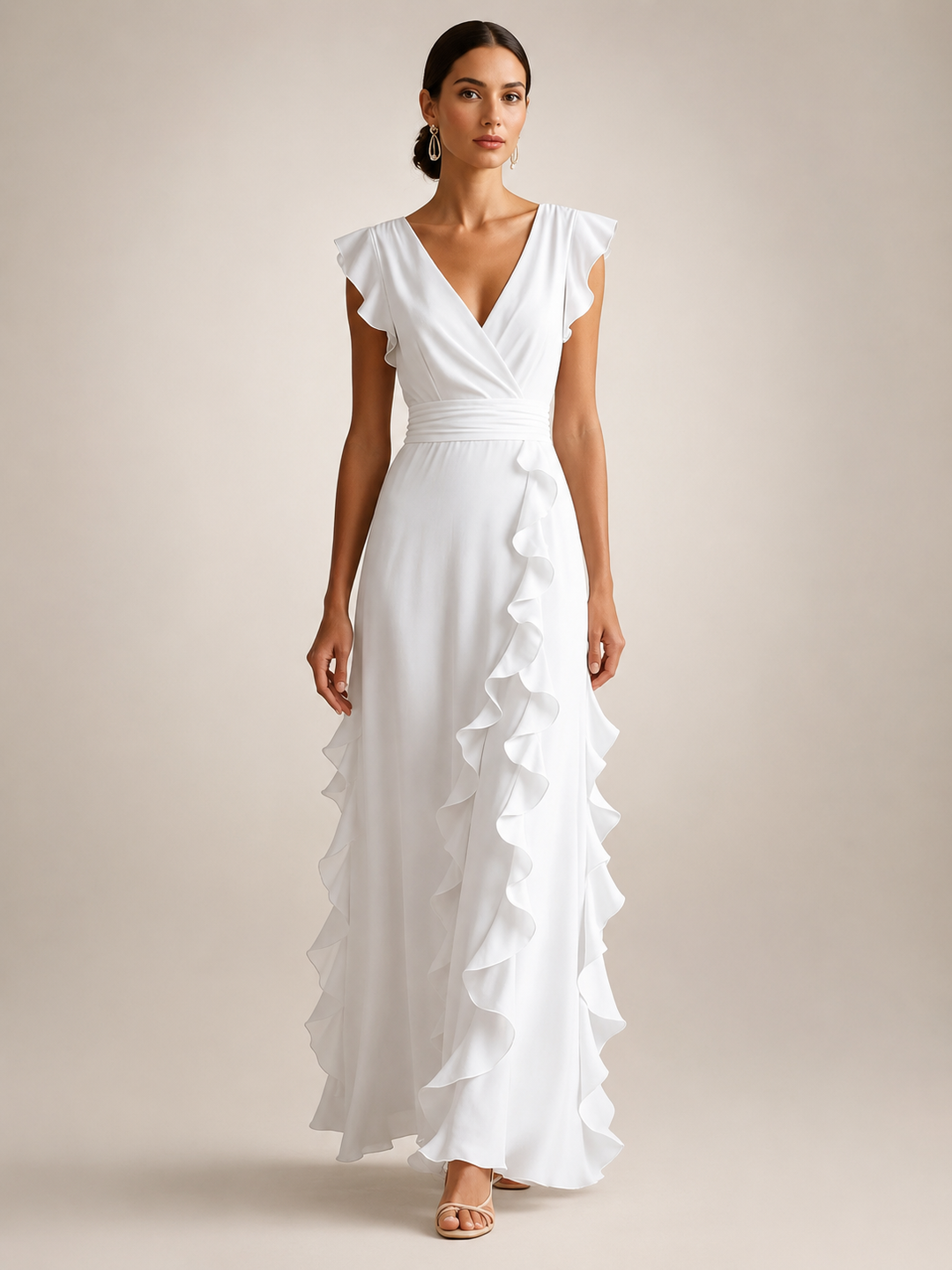 Gerhild | Plissee-Abendkleid mit V-Ausschnitt und kurzen Ärmeln