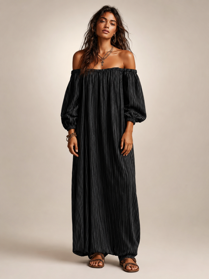 Sieglinde | Off-Shoulder-Maxikleid aus Leinenmix mit langen Ärmeln