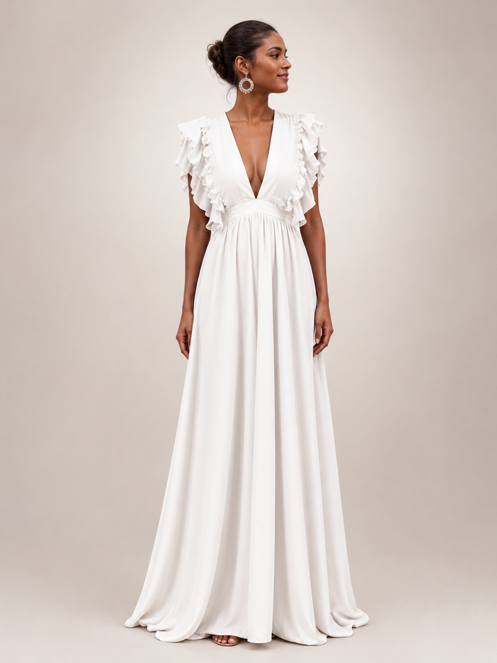 Gerlinde | Rückenfreies Maxikleid mit Volantärmeln
