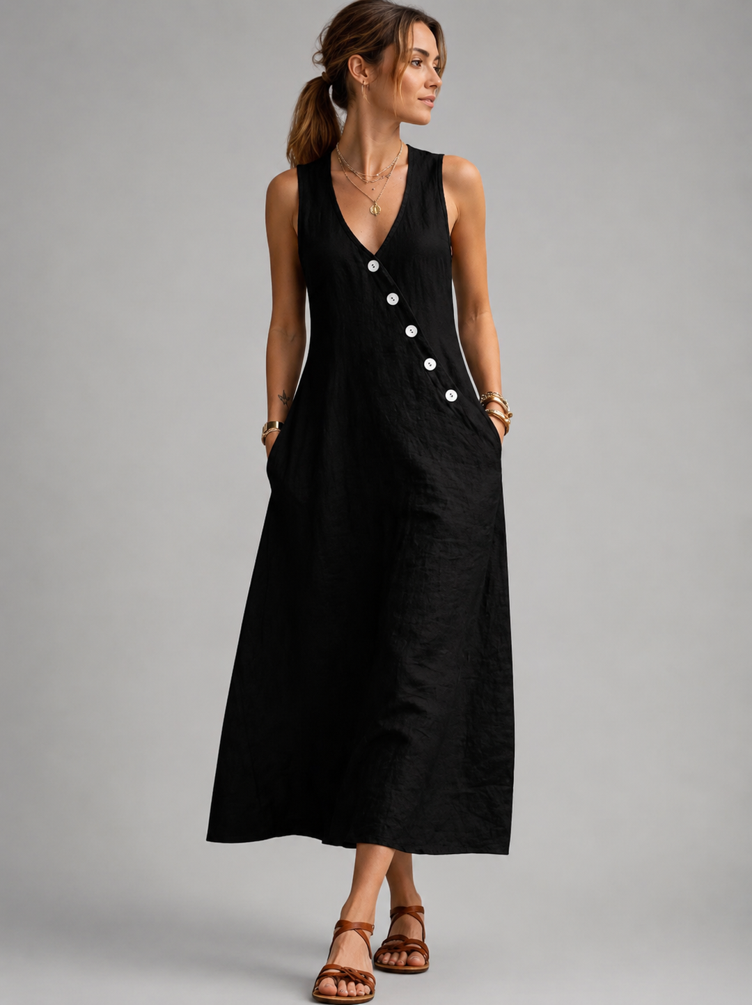Greta | Leinen-Maxikleid mit Knopfleiste
