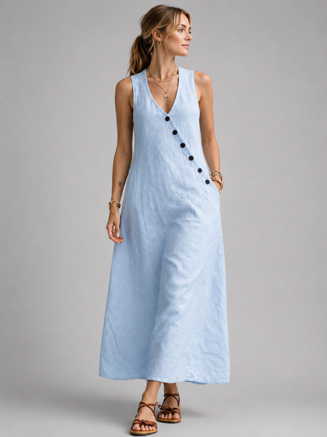 Greta | Leinen-Maxikleid mit Knopfleiste