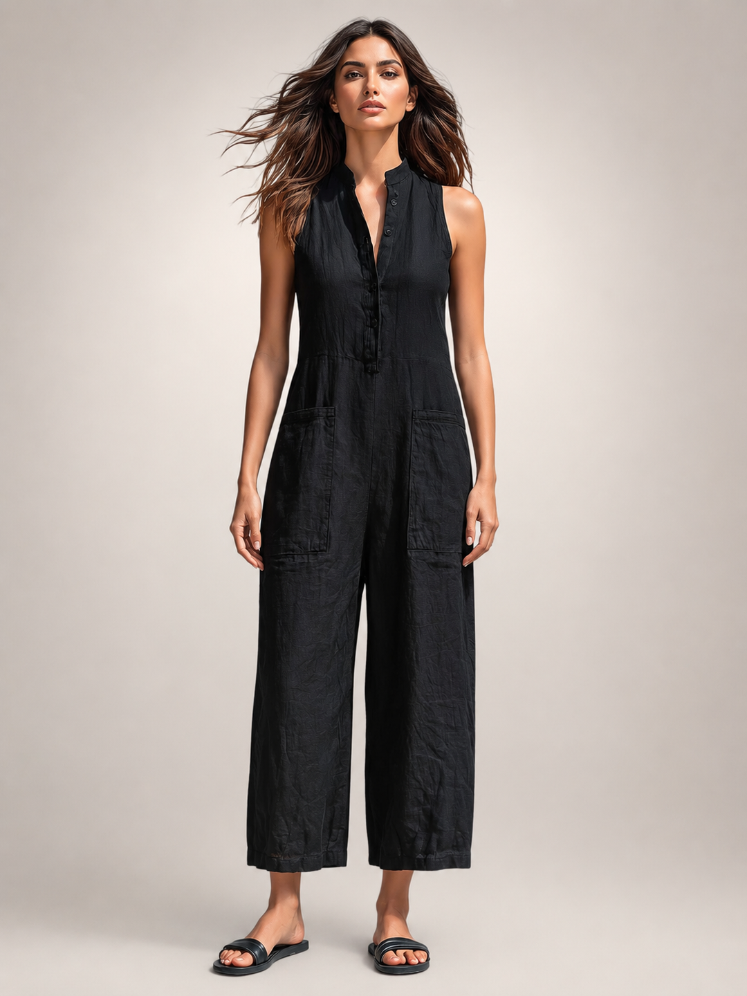 Frieda | Ärmelloser Leinen-Jumpsuit mit Stehkragen