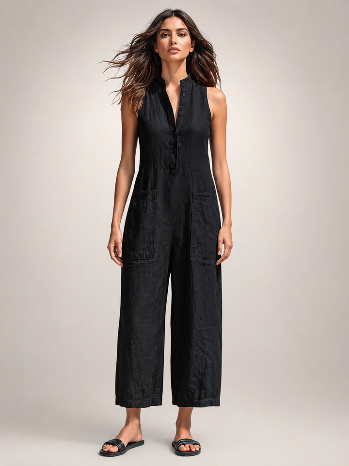Frieda | Ärmelloser Leinen-Jumpsuit mit Stehkragen