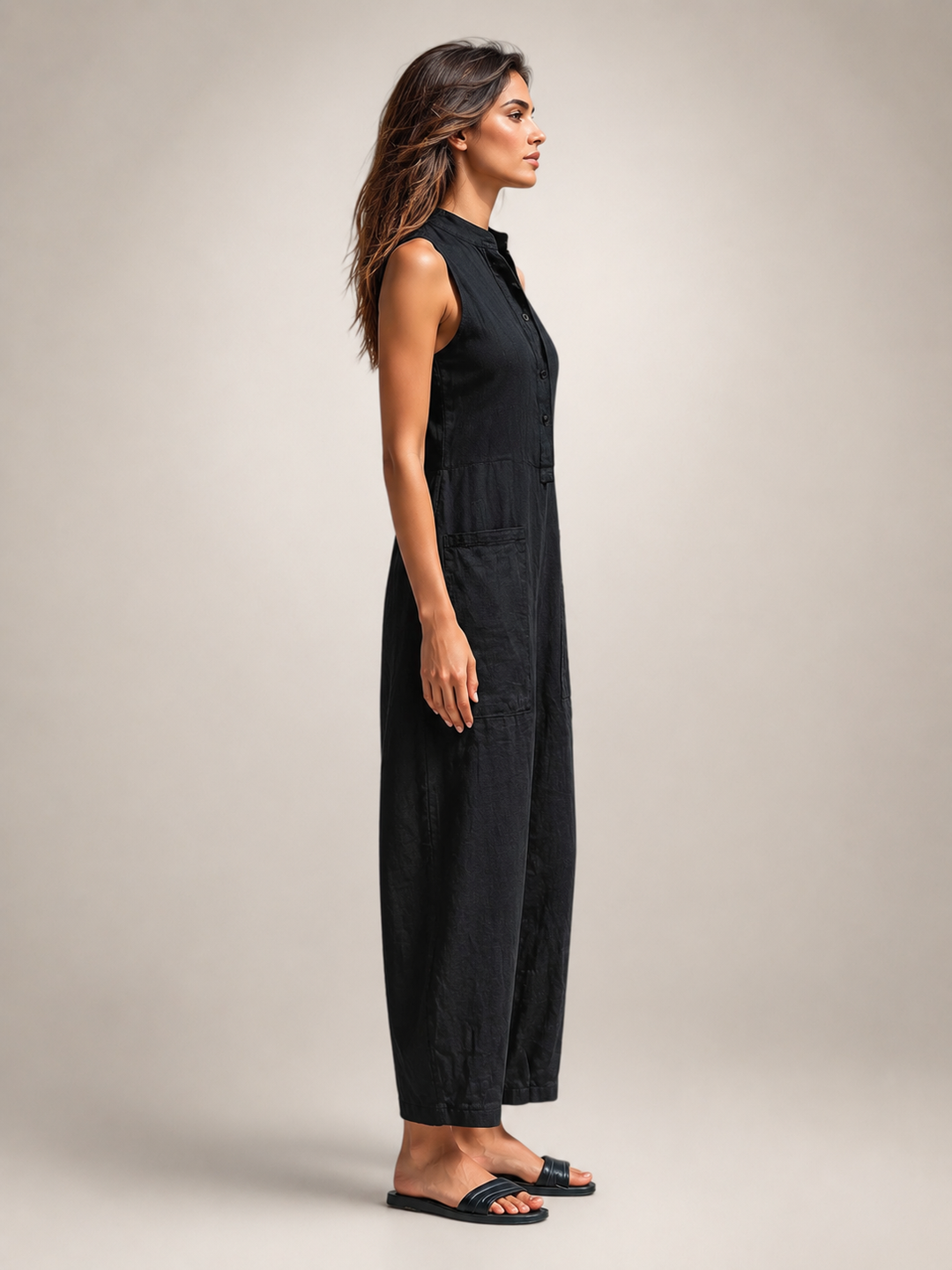Frieda | Ärmelloser Leinen-Jumpsuit mit Stehkragen