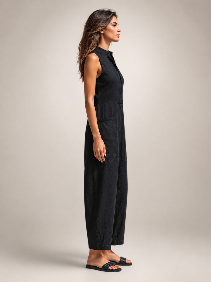 Frieda | Ärmelloser Leinen-Jumpsuit mit Stehkragen