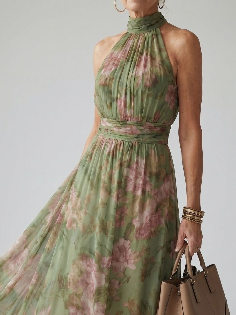 Paula | Midi-jurk met geplooide halterhals