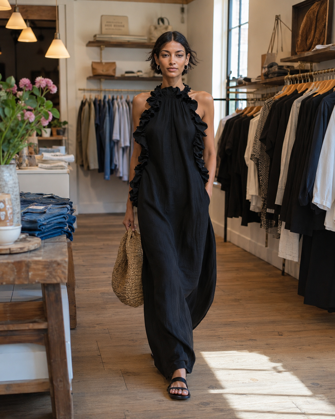 Helene | Ärmelloses Leinen-Maxikleid mit Rüschen