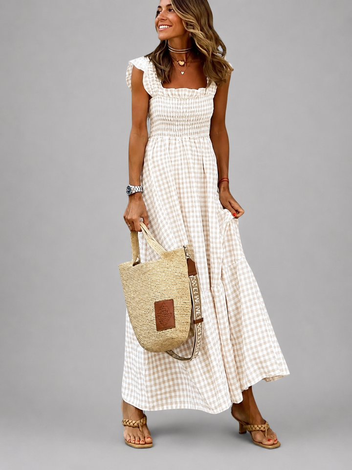 Helena | Karo-Maxikleid mit Smock-Bund