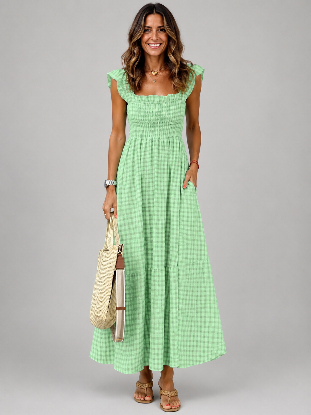 Helena | Karo-Maxikleid mit Smock-Bund