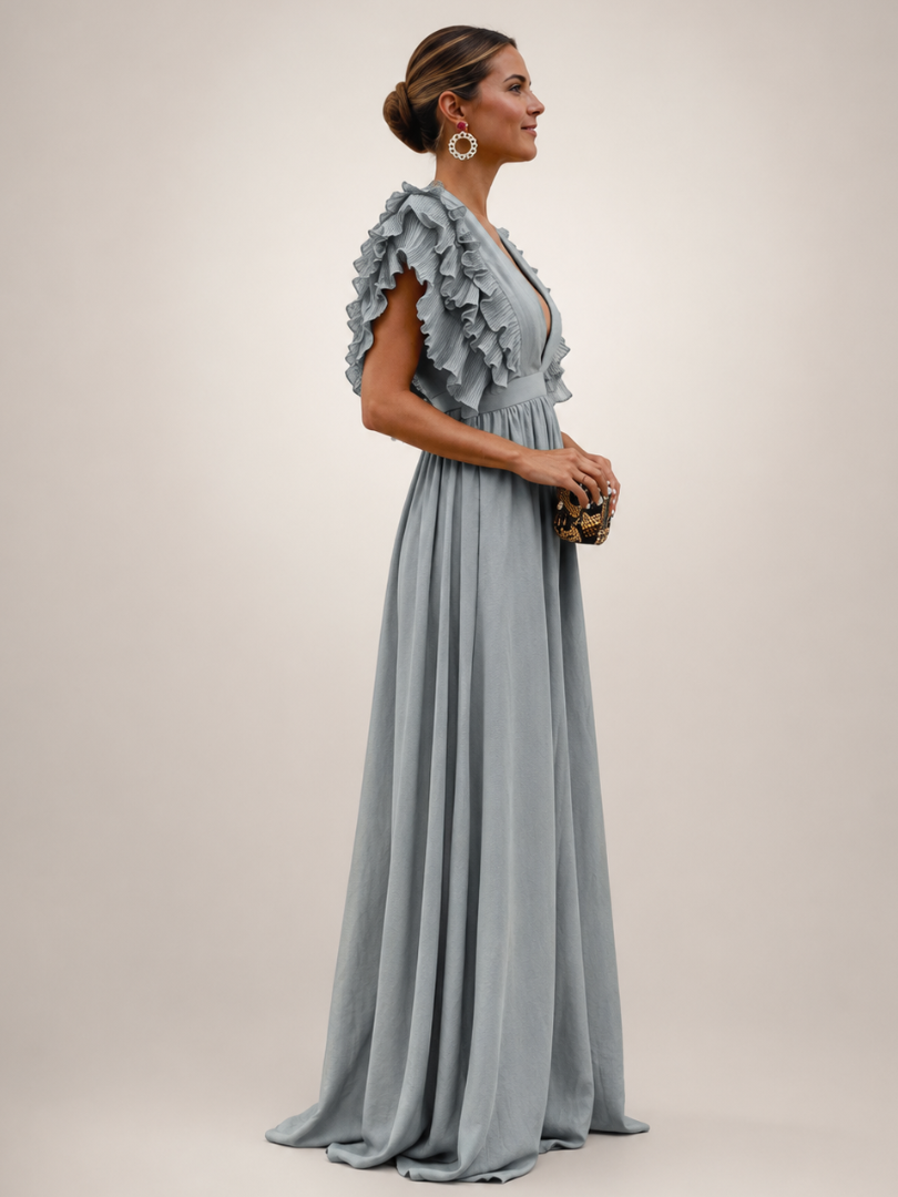Gerlinde | Rückenfreies Maxikleid mit Volantärmeln