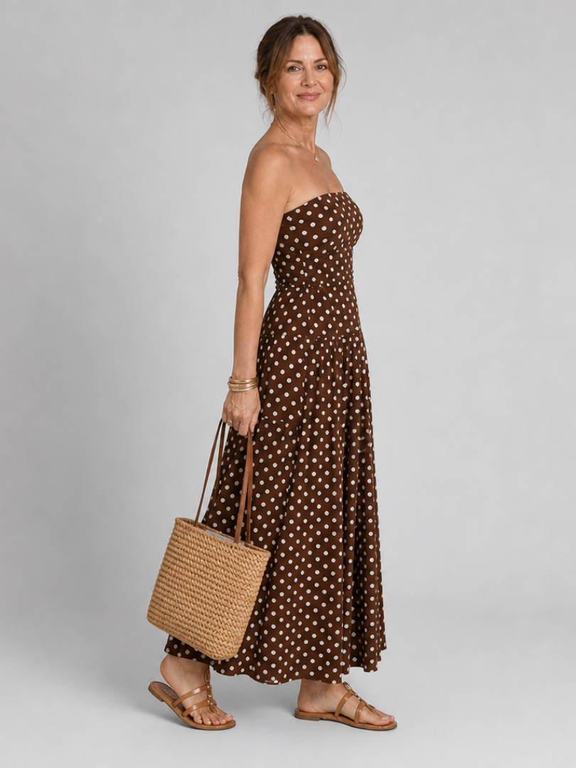 Carola | Trägerloses Maxikleid mit Punktemuster – Ansicht 02