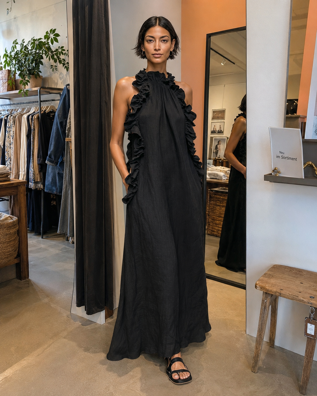 Helene | Ärmelloses Leinen-Maxikleid mit Rüschen