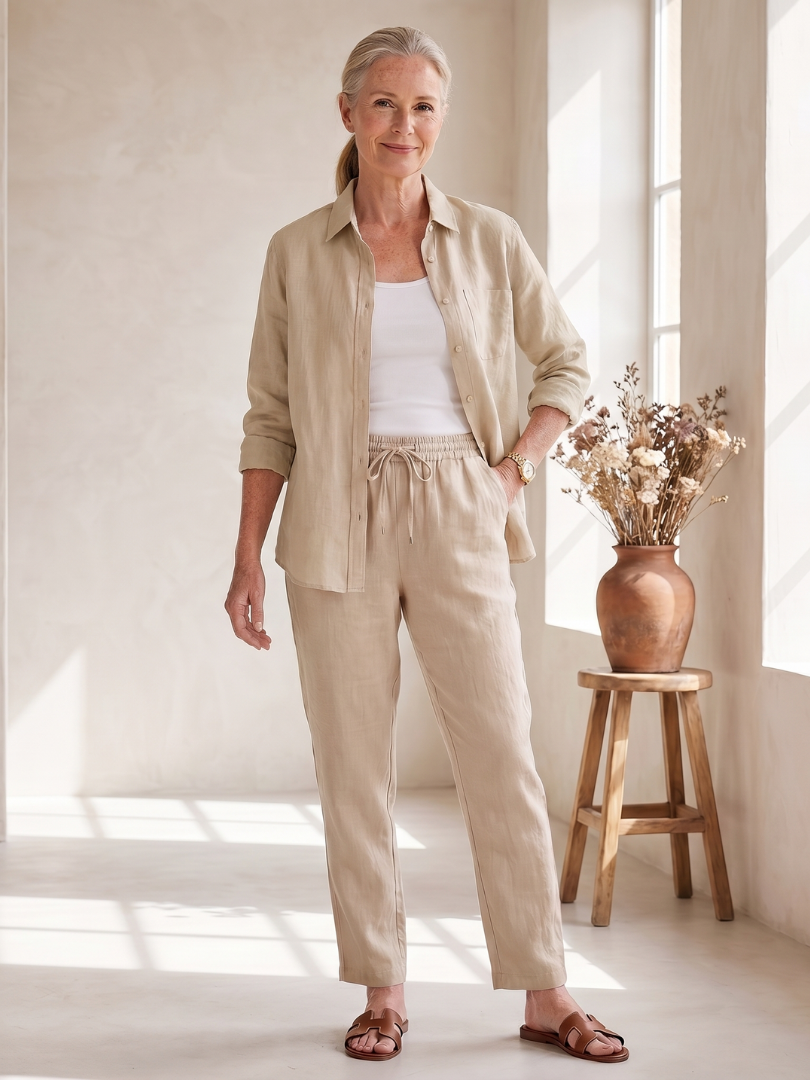 Heidi | Leinen-Set mit Hemd und schmaler Hose – Beige – Ansicht 04
